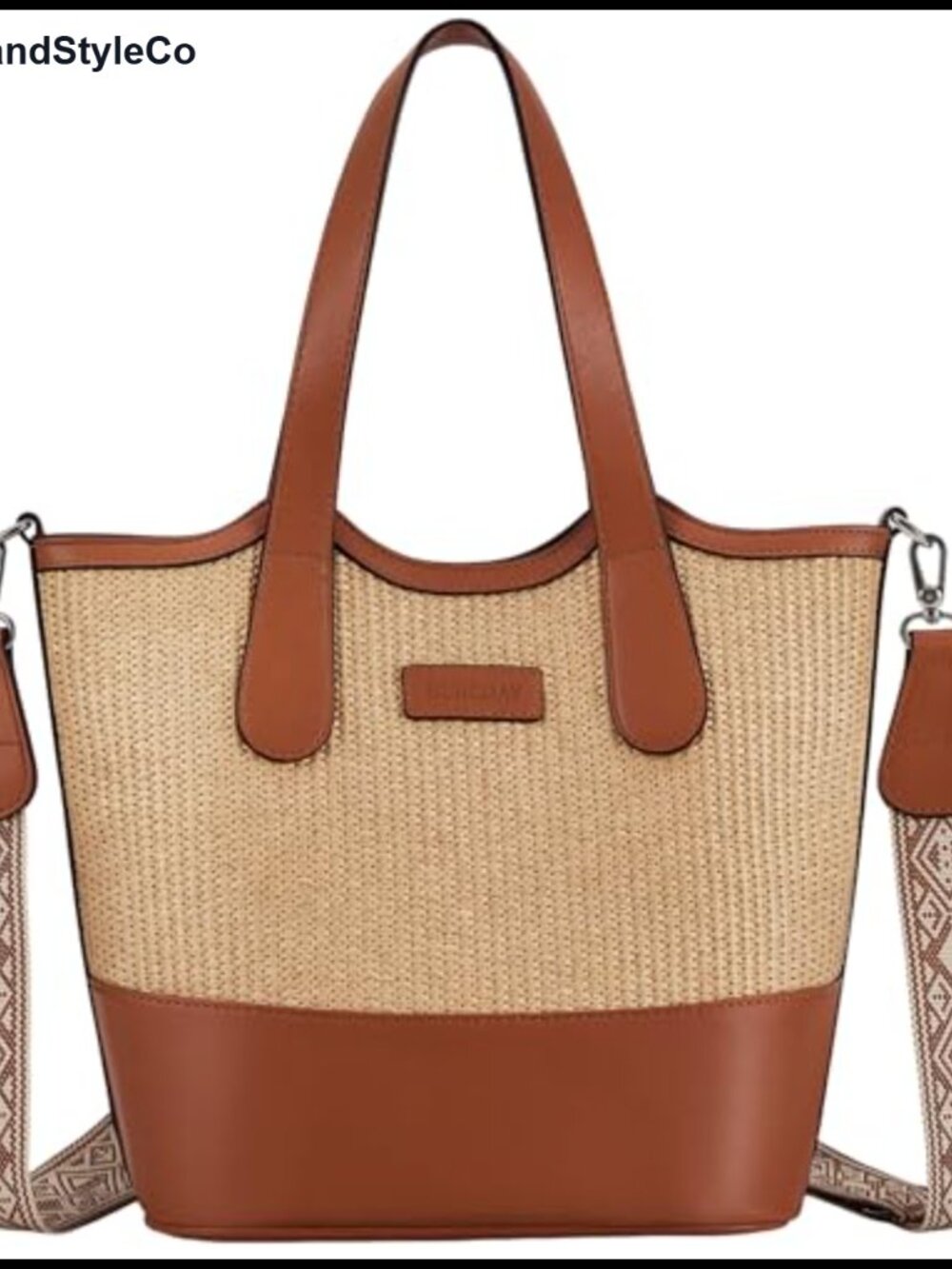 Straw Woven Vegan Leather Bucket Tote Bag Top Handle Crossbody Purse